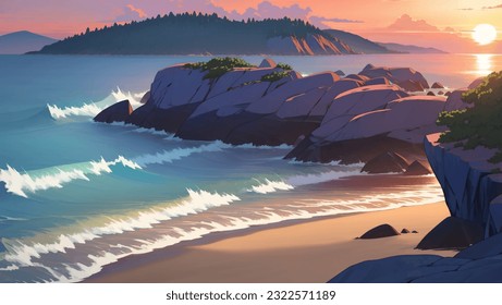 Beautiful Tropical Rocky Beach Scenery Seascape at Dawn or Dusk Hand Drawn Painting Illustration