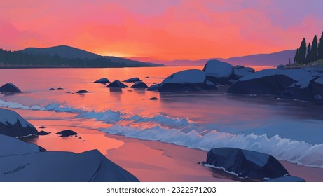 Beautiful Tropical Rocky Beach Scenery Seascape at Dawn or Dusk Hand Drawn Painting Illustration