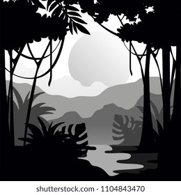 Beautiful tropical scenery with rainforest, mountains and sun, monochrome landscape design vector Illustration