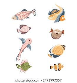 Beautiful tropical sea fish. Fish template for logo, print, notepad, poster, banner. Vector illustration in modern flat style.