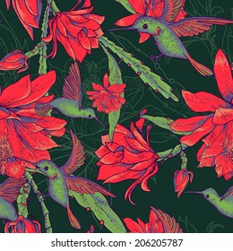 Beautiful tropical seamless background of red flowers and hummingbirds