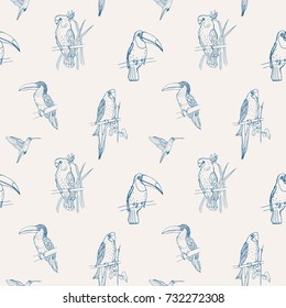 Beautiful tropical seamless pattern with different exotic birds sitting on tree branches and flying on white background. Monochrome vector illustration for wallpaper, fabric print, wrapping paper.