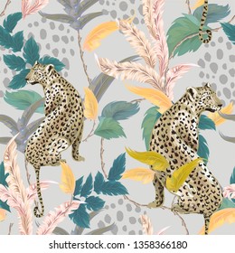 Beautiful tropical seamless pattern with exotic trees, leopard and plants. Vector patch for wallpapers, fabric, surface textures.