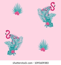 Beautiful tropical seamless pattern with flamingos and flowers. Summer background with flamingos and tropical plants. Birds of the jungle.