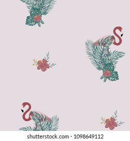 Beautiful tropical seamless pattern with flamingos and flowers. Summer background with flamingos and tropical plants. Birds of the jungle.