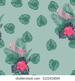 Beautiful tropical seamless pattern with flamingos and flowers. Summer background with flamingos and tropical plants. Birds of the jungle.