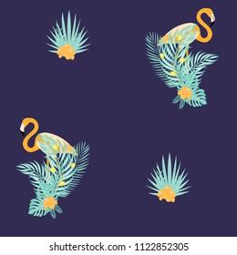 Beautiful tropical seamless pattern with flamingos and flowers. Summer background with flamingos and tropical plants. Birds of the jungle.