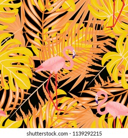 Beautiful tropical seamless pattern with flamingos and flowers. Summer background with flamingos and tropical plants. Birds of the jungle.