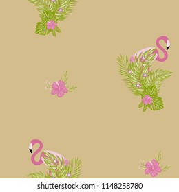 Beautiful tropical seamless pattern with flamingos and flowers. Summer background with flamingos and tropical plants. Birds of the jungle.