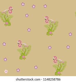 Beautiful tropical seamless pattern with flamingos and flowers. Summer background with flamingos and tropical plants. Birds of the jungle.