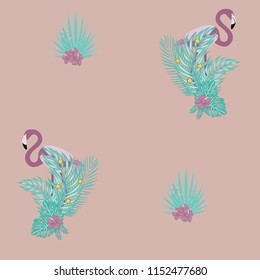 Beautiful tropical seamless pattern with flamingos and flowers. Summer background with flamingos and tropical plants. Birds of the jungle.