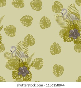 Beautiful tropical seamless pattern with flamingos and flowers. Summer background with flamingos and tropical plants. Birds of the jungle.