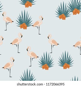 Beautiful tropical seamless pattern with flamingos and flowers. Summer background with flamingos and tropical plants. Birds of the jungle.