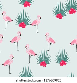 Beautiful tropical seamless pattern with flamingos and flowers. Summer background with flamingos and tropical plants. Birds of the jungle.