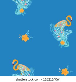 Beautiful tropical seamless pattern with flamingos and flowers. Summer background with flamingos and tropical plants. Birds of the jungle.