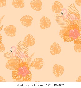 Beautiful tropical seamless pattern with flamingos and flowers. Summer background with flamingos and tropical plants. Birds of the jungle.