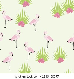 Beautiful tropical seamless pattern with flamingos and flowers. Summer background with flamingos and tropical plants. Birds of the jungle.