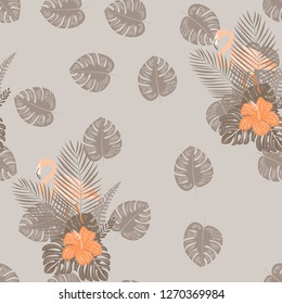 Beautiful tropical seamless pattern with flamingos and flowers. Summer background with flamingos and tropical plants. Birds of the jungle.