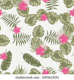 Beautiful tropical seamless pattern with flowers and leaves. Flowers of the jungle. Summer background with tropical leaves and flowers for fabric, wallpaper and cover