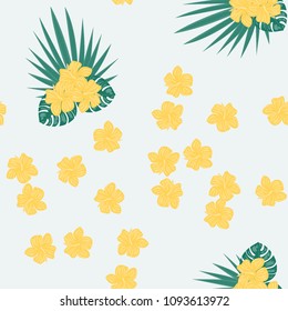 Beautiful tropical seamless pattern with flowers and leaves. Flowers of the jungle. Summer background with tropical leaves and flowers for fabric, wallpaper and cover