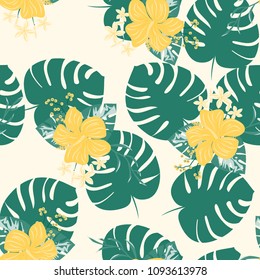 Beautiful tropical seamless pattern with flowers and leaves. Flowers of the jungle. Summer background with tropical leaves and flowers for fabric, wallpaper and cover