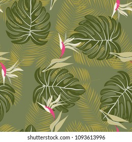 Beautiful tropical seamless pattern with flowers and leaves. Flowers of the jungle. Summer background with tropical leaves and flowers for fabric, wallpaper and cover