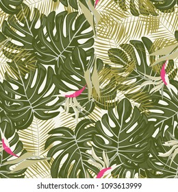 Beautiful tropical seamless pattern with flowers and leaves. Flowers of the jungle. Summer background with tropical leaves and flowers for fabric, wallpaper and cover