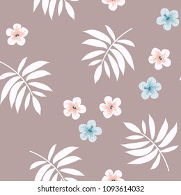 Beautiful tropical seamless pattern with flowers and leaves. Flowers of the jungle. Summer background with tropical leaves and flowers for fabric, wallpaper and cover