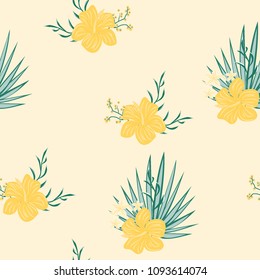 Beautiful tropical seamless pattern with flowers and leaves. Flowers of the jungle. Summer background with tropical leaves and flowers for fabric, wallpaper and cover