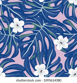 Beautiful tropical seamless pattern with flowers and leaves. Flowers of the jungle. Summer background with tropical leaves and flowers for fabric, wallpaper and cover
