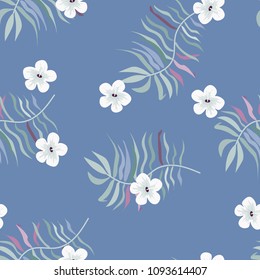 Beautiful tropical seamless pattern with flowers and leaves. Flowers of the jungle. Summer background with tropical leaves and flowers for fabric, wallpaper and cover
