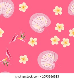 Beautiful tropical seamless pattern with flowers and leaves. Flowers of the jungle. Summer background with tropical leaves and flowers for fabric, wallpaper and cover