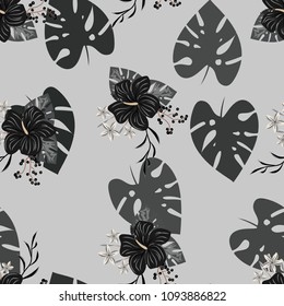 Beautiful tropical seamless pattern with flowers and leaves. Flowers of the jungle. Summer background with tropical leaves and flowers for fabric, wallpaper and cover
