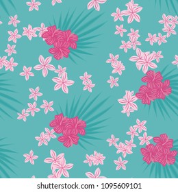 Beautiful tropical seamless pattern with flowers and leaves. Flowers of the jungle. Summer background with tropical leaves and flowers for fabric, wallpaper and cover.