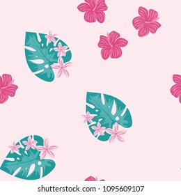 Beautiful tropical seamless pattern with flowers and leaves. Flowers of the jungle. Summer background with tropical leaves and flowers for fabric, wallpaper and cover.