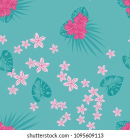 Beautiful tropical seamless pattern with flowers and leaves. Flowers of the jungle. Summer background with tropical leaves and flowers for fabric, wallpaper and cover.