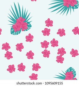 Beautiful tropical seamless pattern with flowers and leaves. Flowers of the jungle. Summer background with tropical leaves and flowers for fabric, wallpaper and cover.