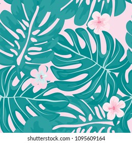 Beautiful tropical seamless pattern with flowers and leaves. Flowers of the jungle. Summer background with tropical leaves and flowers for fabric, wallpaper and cover.