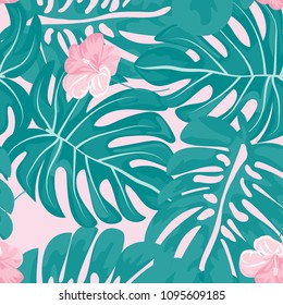 Beautiful tropical seamless pattern with flowers and leaves. Flowers of the jungle. Summer background with tropical leaves and flowers for fabric, wallpaper and cover.
