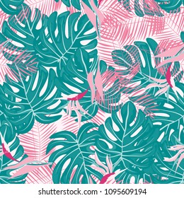 Beautiful tropical seamless pattern with flowers and leaves. Flowers of the jungle. Summer background with tropical leaves and flowers for fabric, wallpaper and cover.