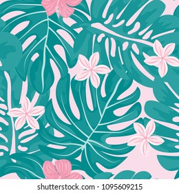 Beautiful tropical seamless pattern with flowers and leaves. Flowers of the jungle. Summer background with tropical leaves and flowers for fabric, wallpaper and cover.