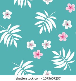 Beautiful tropical seamless pattern with flowers and leaves. Flowers of the jungle. Summer background with tropical leaves and flowers for fabric, wallpaper and cover.