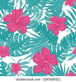 Beautiful tropical seamless pattern with flowers and leaves. Flowers of the jungle. Summer background with tropical leaves and flowers for fabric, wallpaper and cover.