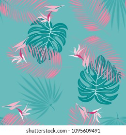 Beautiful tropical seamless pattern with flowers and leaves. Flowers of the jungle. Summer background with tropical leaves and flowers for fabric, wallpaper and cover.