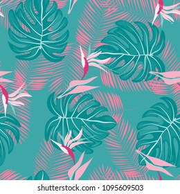 Beautiful tropical seamless pattern with flowers and leaves. Flowers of the jungle. Summer background with tropical leaves and flowers for fabric, wallpaper and cover.