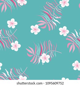 Beautiful tropical seamless pattern with flowers and leaves. Flowers of the jungle. Summer background with tropical leaves and flowers for fabric, wallpaper and cover.