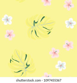 Beautiful tropical seamless pattern with flowers and leaves. Flowers of the jungle. Summer background with tropical leaves and flowers for fabric, wallpaper and cover