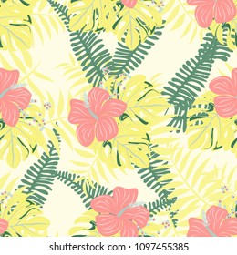 Beautiful tropical seamless pattern with flowers and leaves. Flowers of the jungle. Summer background with tropical leaves and flowers for fabric, wallpaper and cover