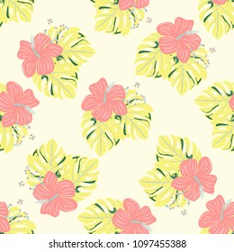 Beautiful tropical seamless pattern with flowers and leaves. Flowers of the jungle. Summer background with tropical leaves and flowers for fabric, wallpaper and cover