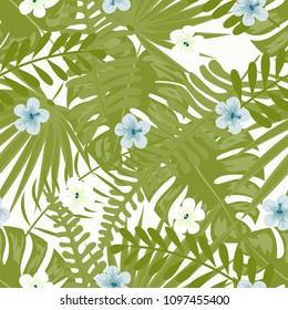 Beautiful tropical seamless pattern with flowers and leaves. Flowers of the jungle. Summer background with tropical leaves and flowers for fabric, wallpaper and cover